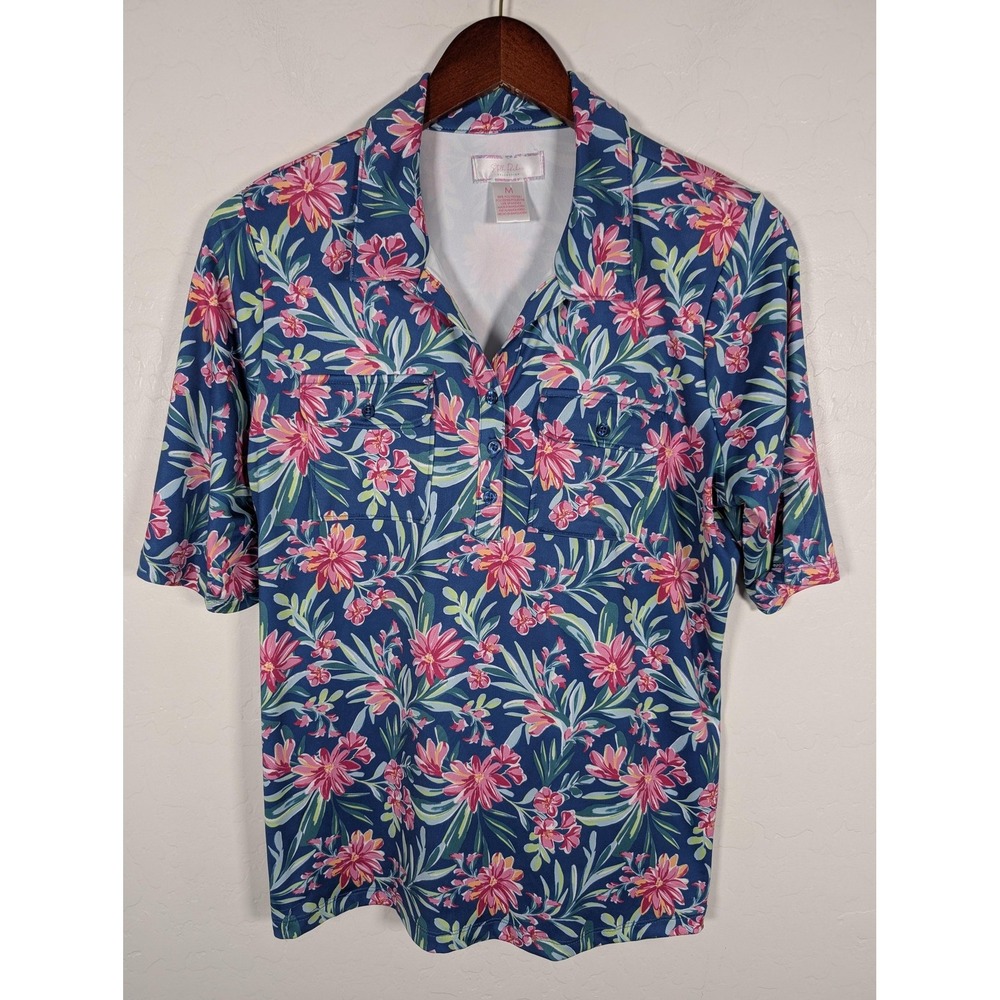 Stella‎ Parker Shirt Womens Medium Blue Floral Hawaiian Short Sleeve Summer